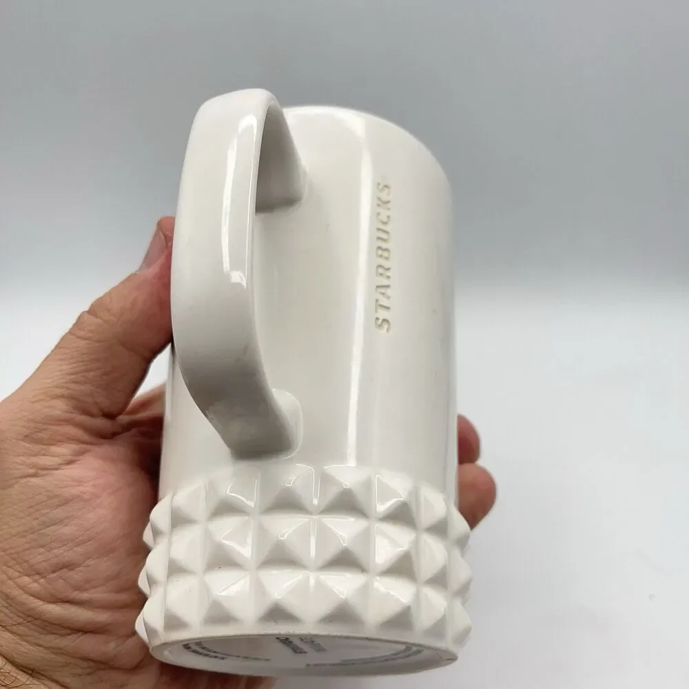STARBUCKS COFFEE 2014 Tall White Mug Cup Mirror Label Hobnail Base 16 Oz - Picture 5 of 11